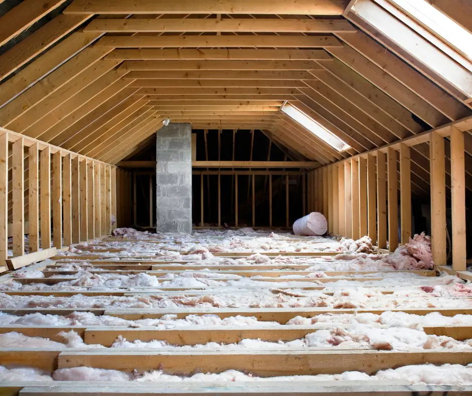 Attic insulation in a Virginia Beach home showing fiberglass batts installed between wooden floor joists and exposed roof rafters