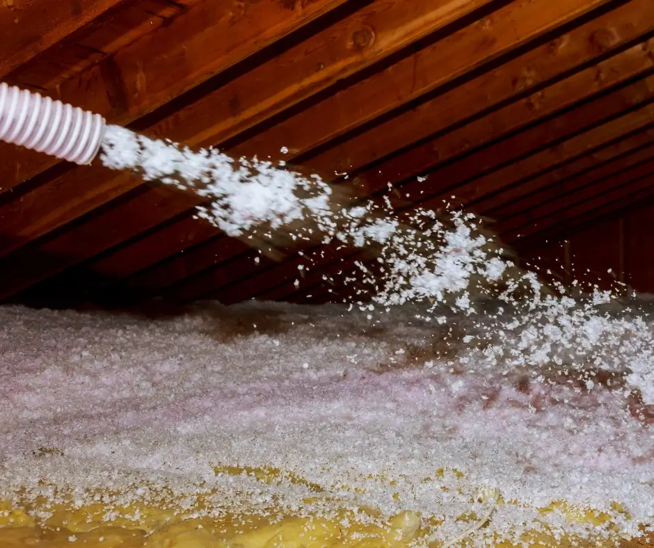 Blown-in insulation being sprayed from a hose onto attic floor as part of the Level Up Attic Restoration System insulation process