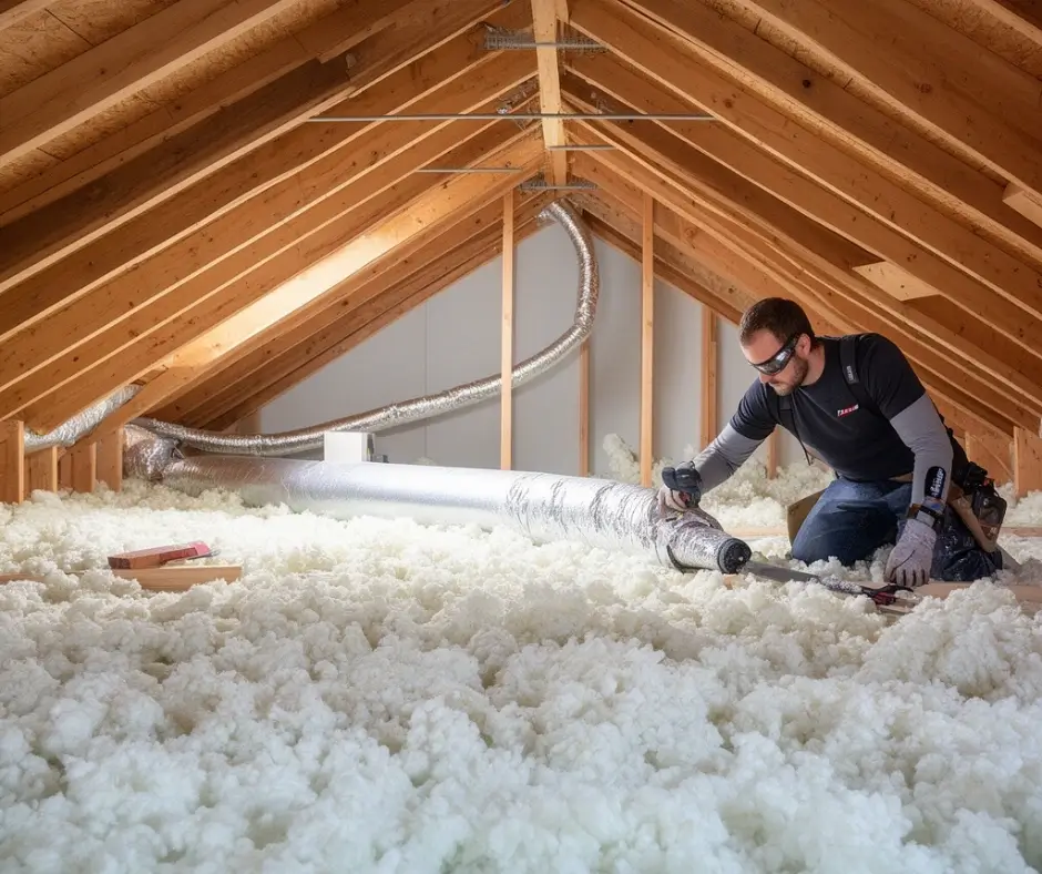 Technician installing blown-in attic insulation near ductwork during a Level Up Restoration insulation service