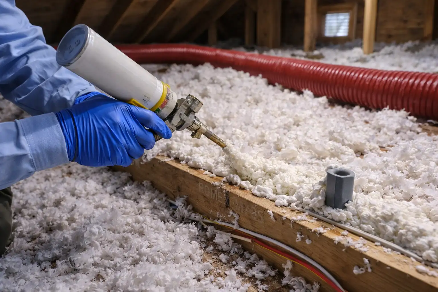Air sealing in Virginia Beach attic with foam sealing gaps before insulation