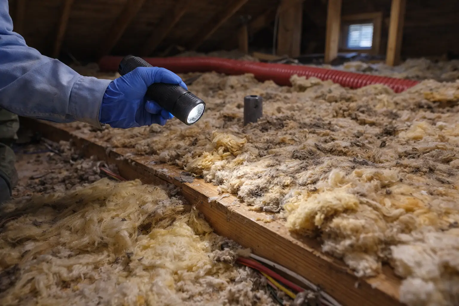 Old attic insulation in Virginia Beach being inspected for moisture and damage