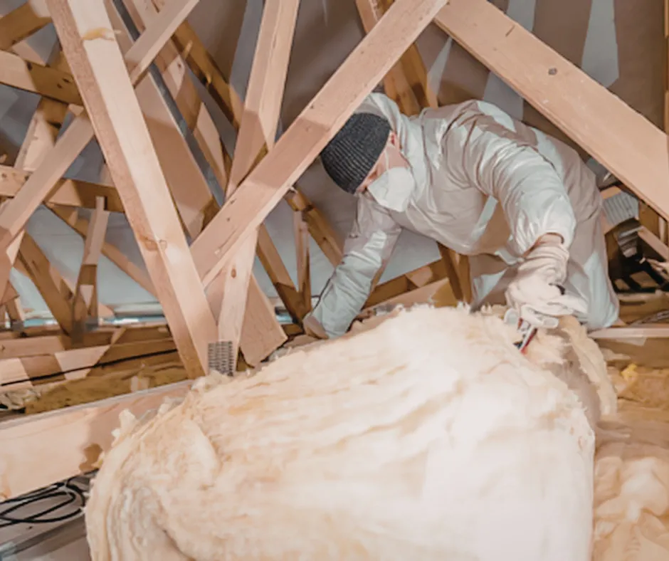 Installer in protective suit placing fiberglass batt insulation between attic trusses in a Hampton Roads home by Level Home Pros
