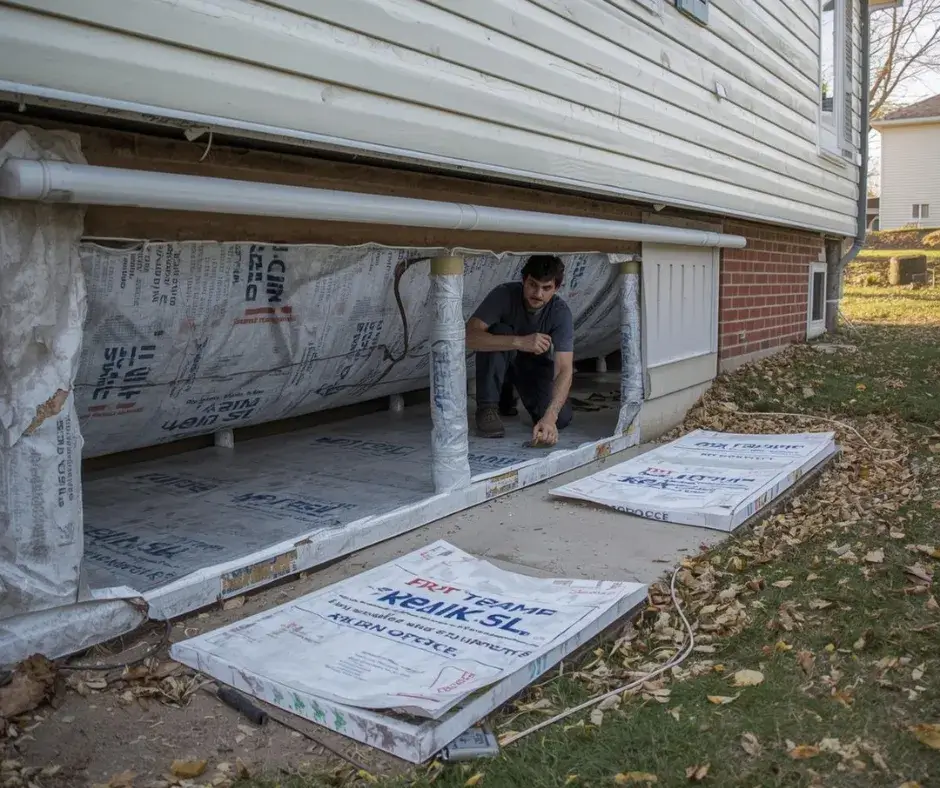 Technician at crawl space opening with rigid foam insulation boards ready for crawl space encapsulation by Level Home Pros in Hampton Roads