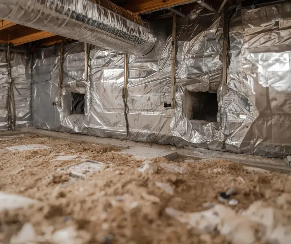 Crawl space with vapor barrier installed on walls and exposed dirt floor with debris before full encapsulation by Level Home Pros