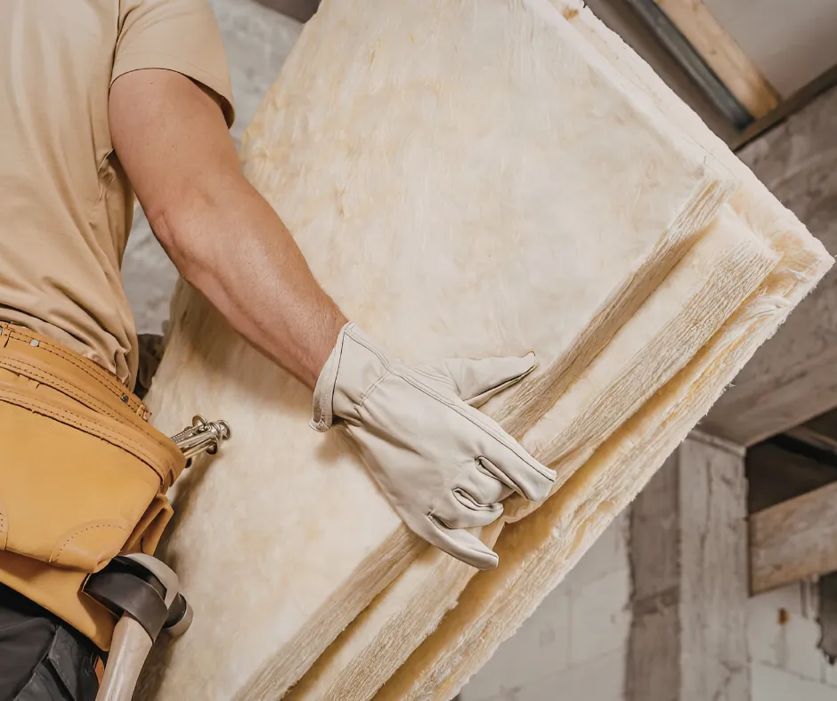 Insulation contractor with tool belt carrying rigid foam board insulation panels for installation by Level Home Pros in Virginia Beach VA