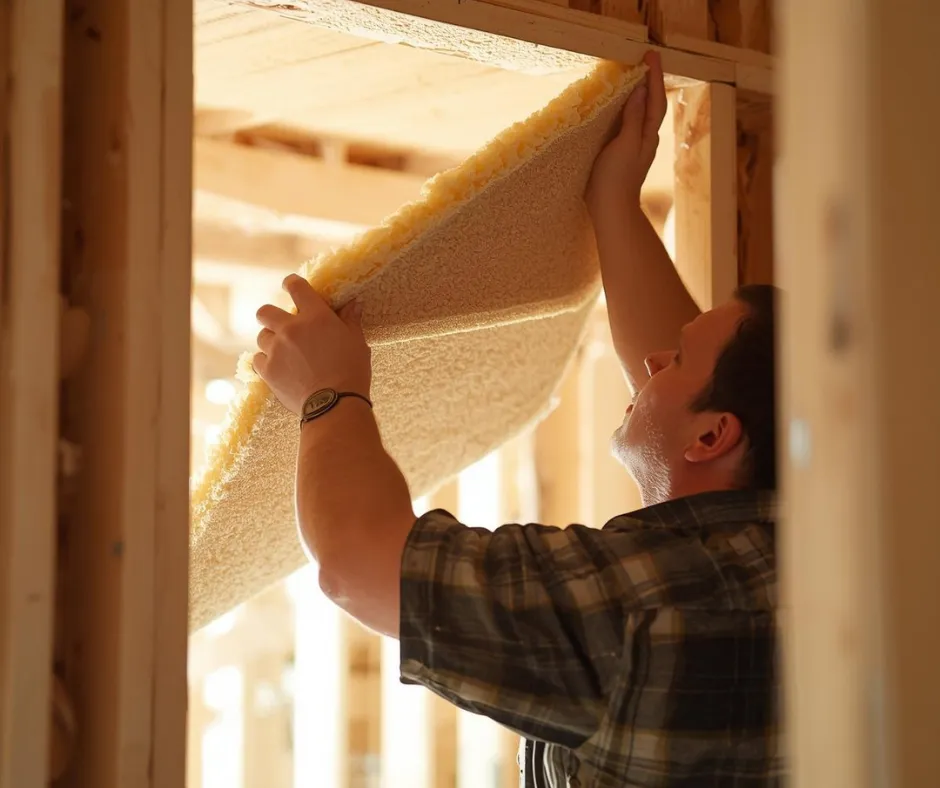 Installer fitting rigid foam board insulation panel between wall framing studs during home insulation project by Level Home Pros in Suffolk VA