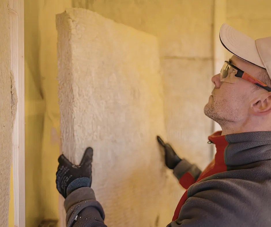 Insulation technician inspecting closed-cell spray foam applied to interior wall during home insulation project by Level Home Pros