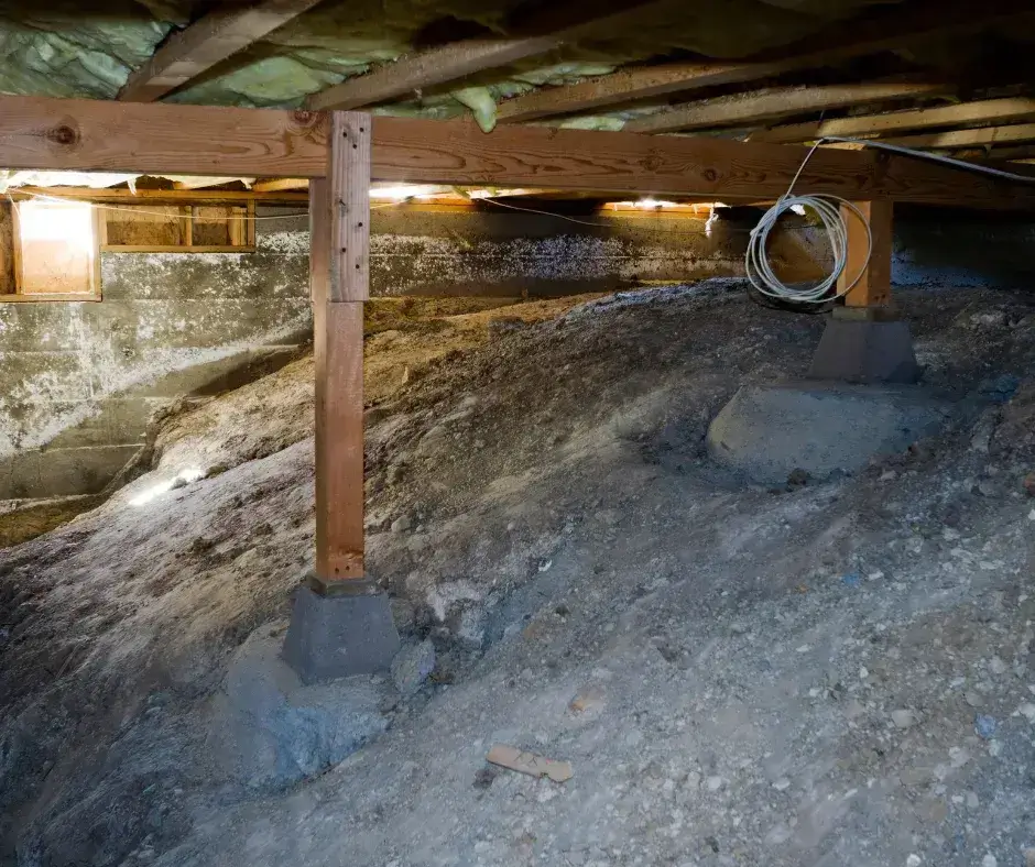 Unsealed crawl space with mold on foundation walls, dirt floor, and exposed support posts needing encapsulation by Level Home Pros