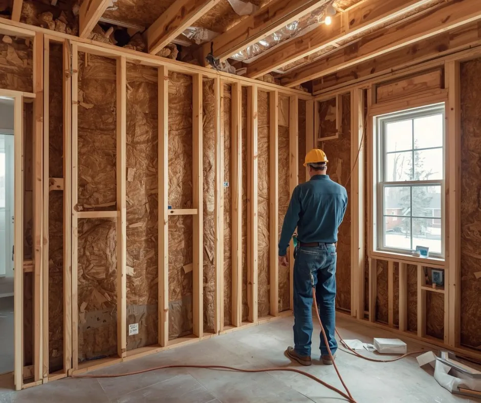 Contractor inspecting fiberglass batt insulation installed in wall cavities during whole house insulation project by Level Home Pros in Hampton Roads VA