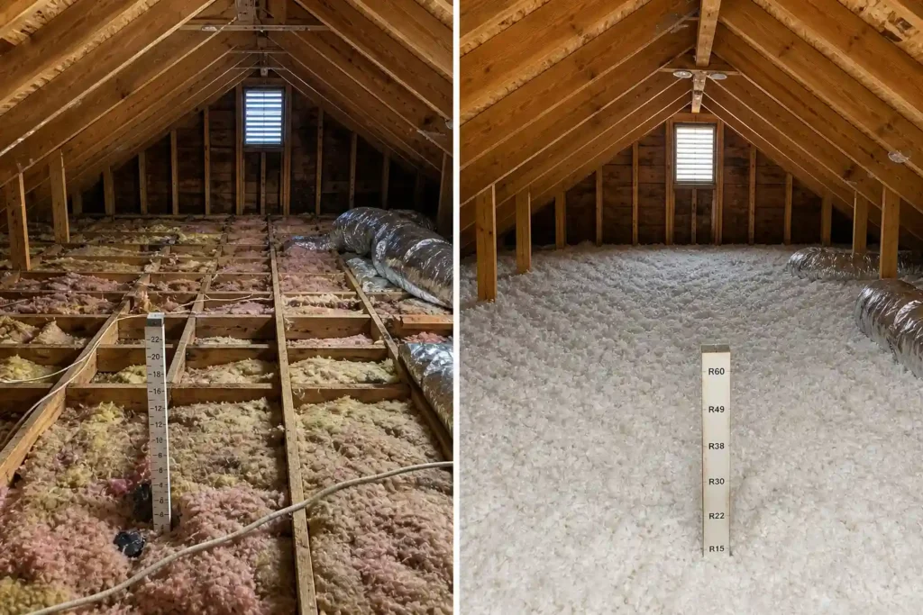 Attic insulation before and after showing improved coverage in a Virginia Beach home