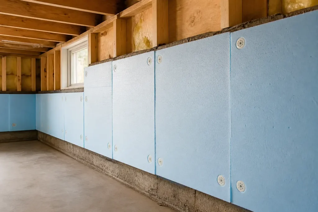 Foam board insulation installed on foundation walls in a Virginia Beach home