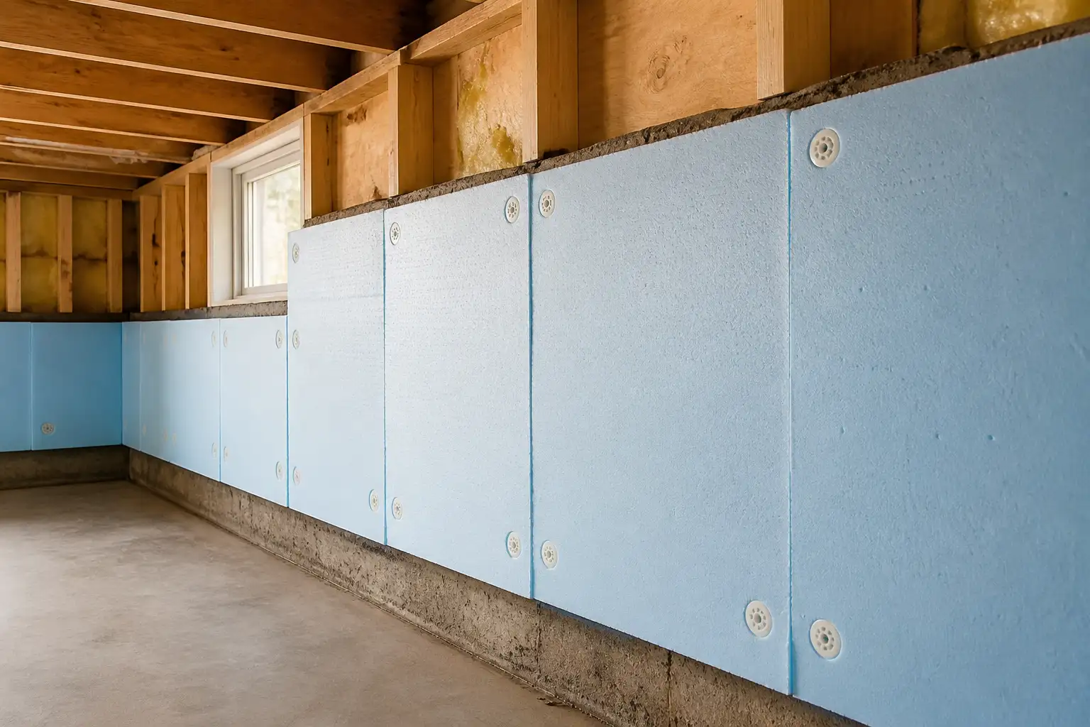 Foam board insulation installed on foundation walls in a Virginia Beach home