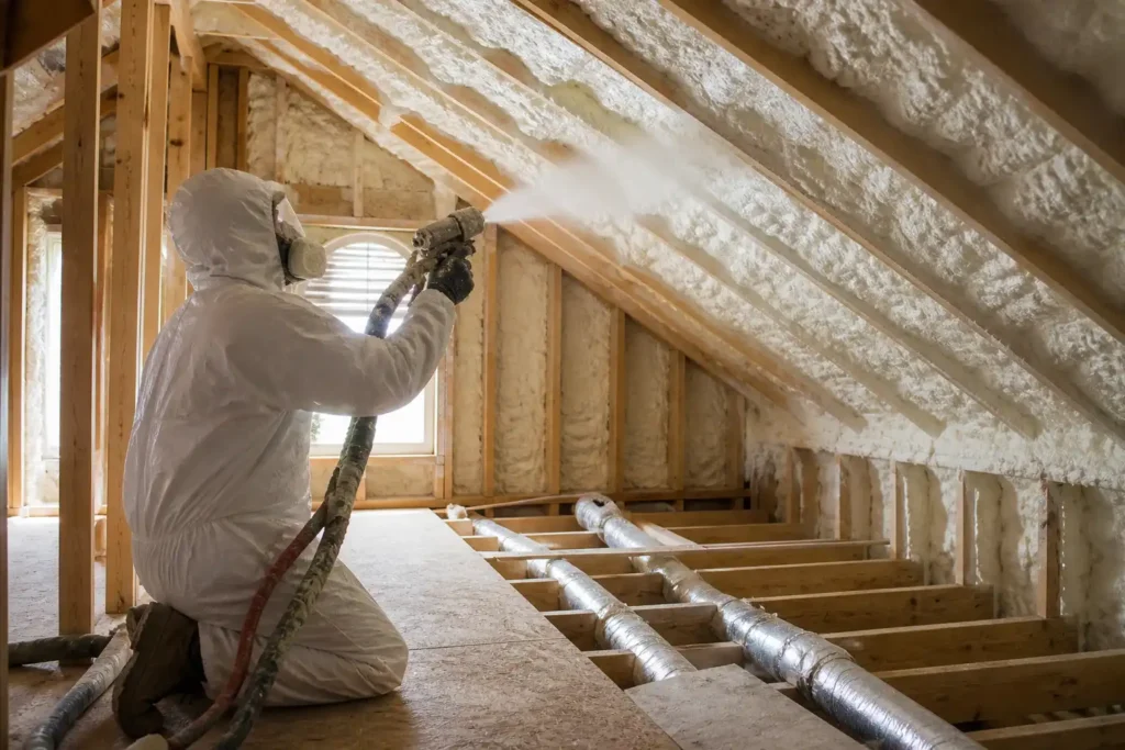 Worker applying spray foam insulation in a Virginia Beach home