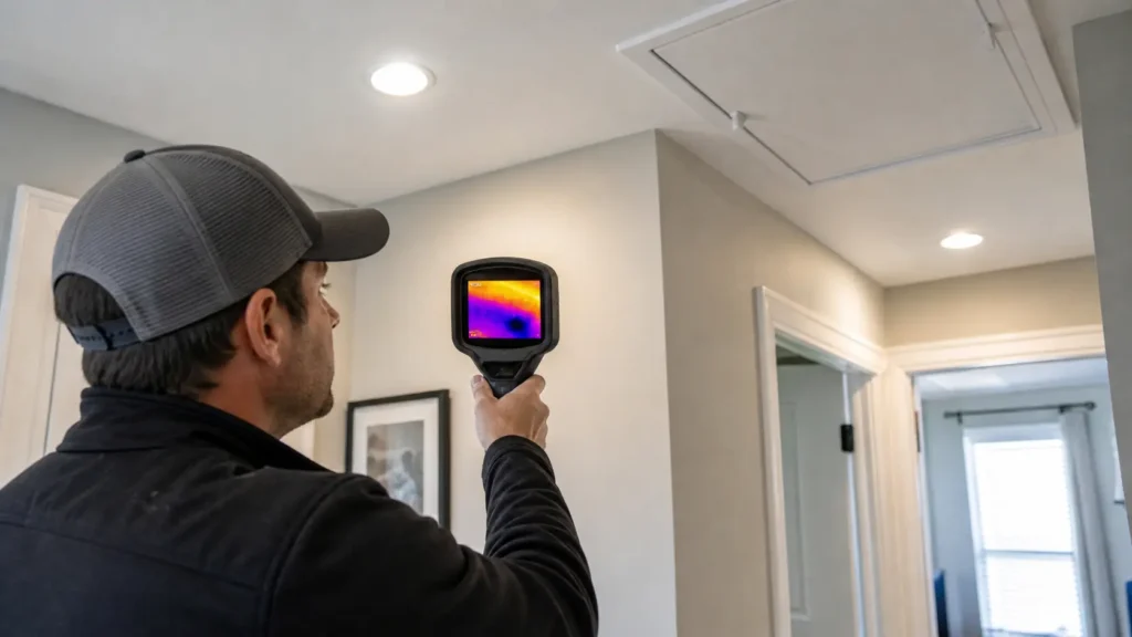 Technician using thermal imaging to find insulation gaps in a Virginia Beach home