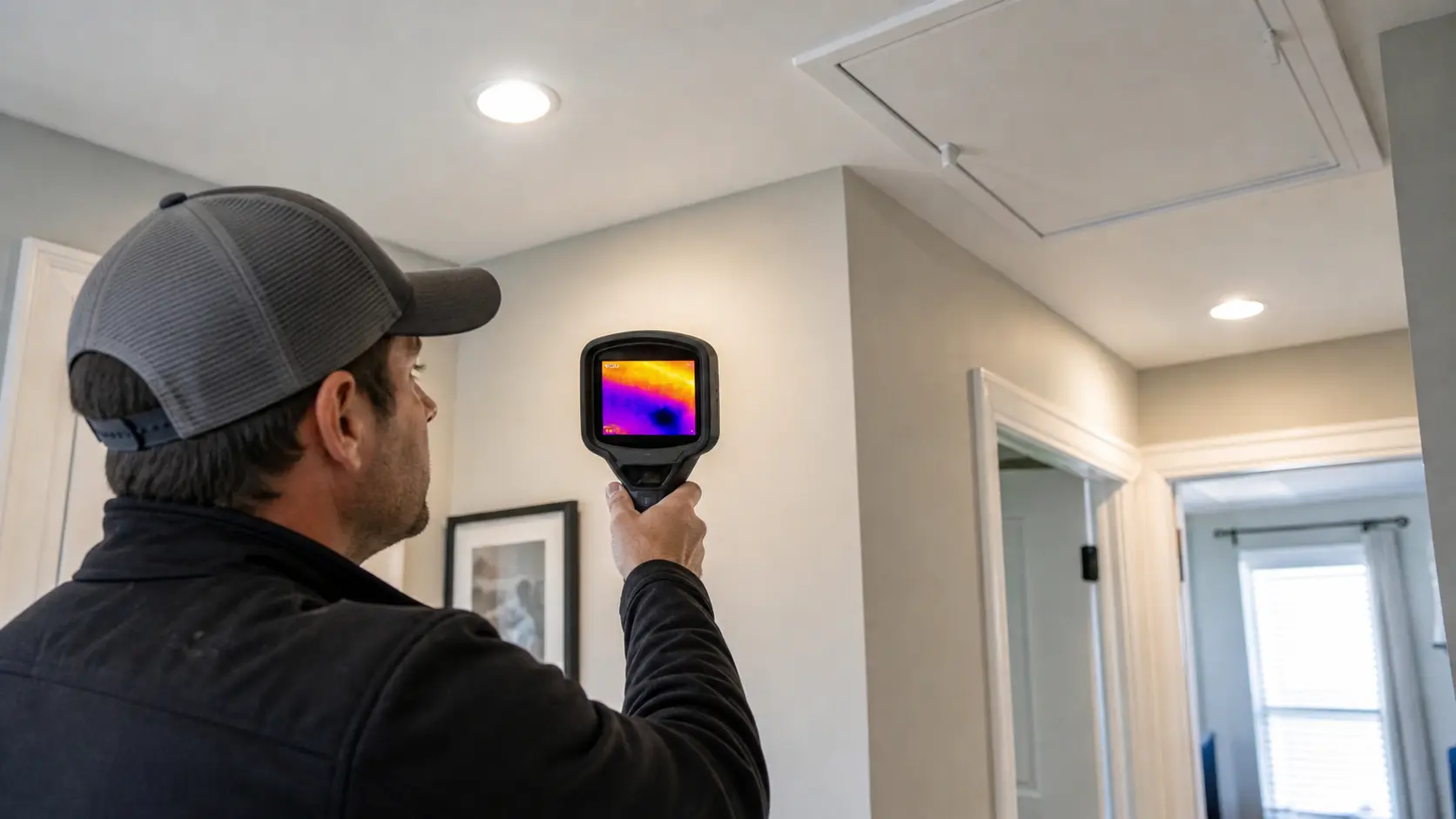 Technician using thermal imaging to find insulation gaps in a Virginia Beach home