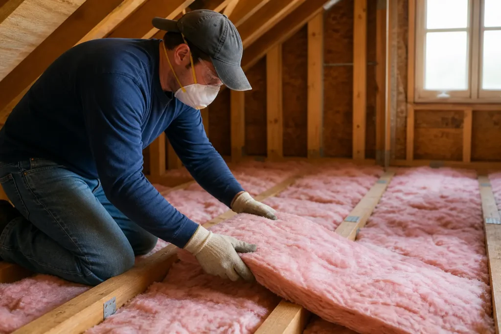 Worker installing attic insulation for Virginia home energy rebate upgrades