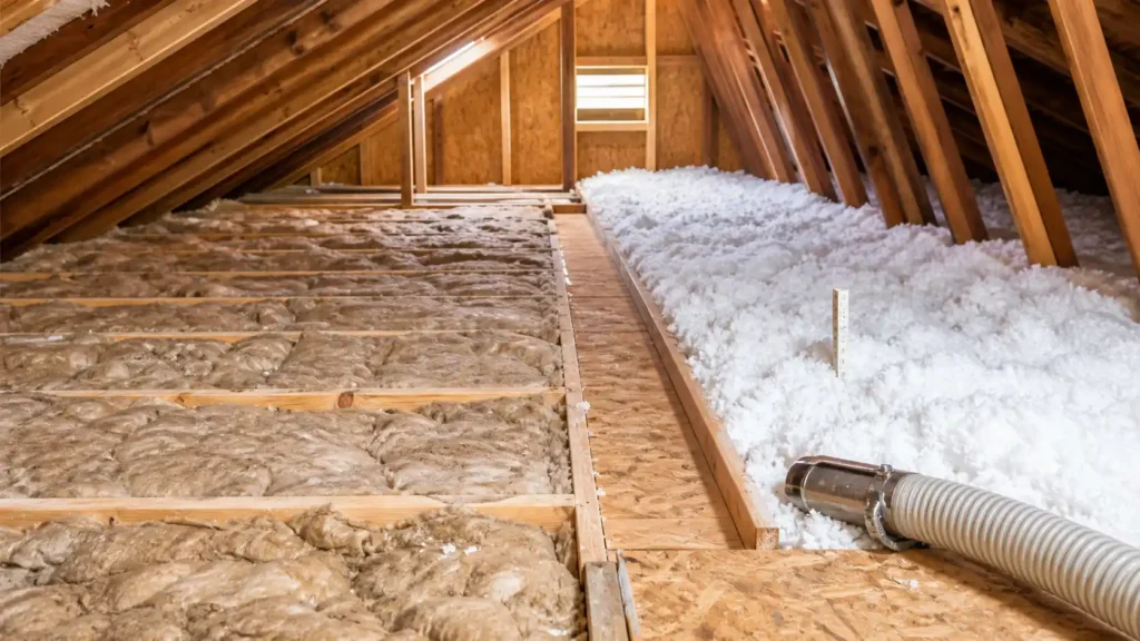 Old and new attic insulation comparison in a Virginia Beach home